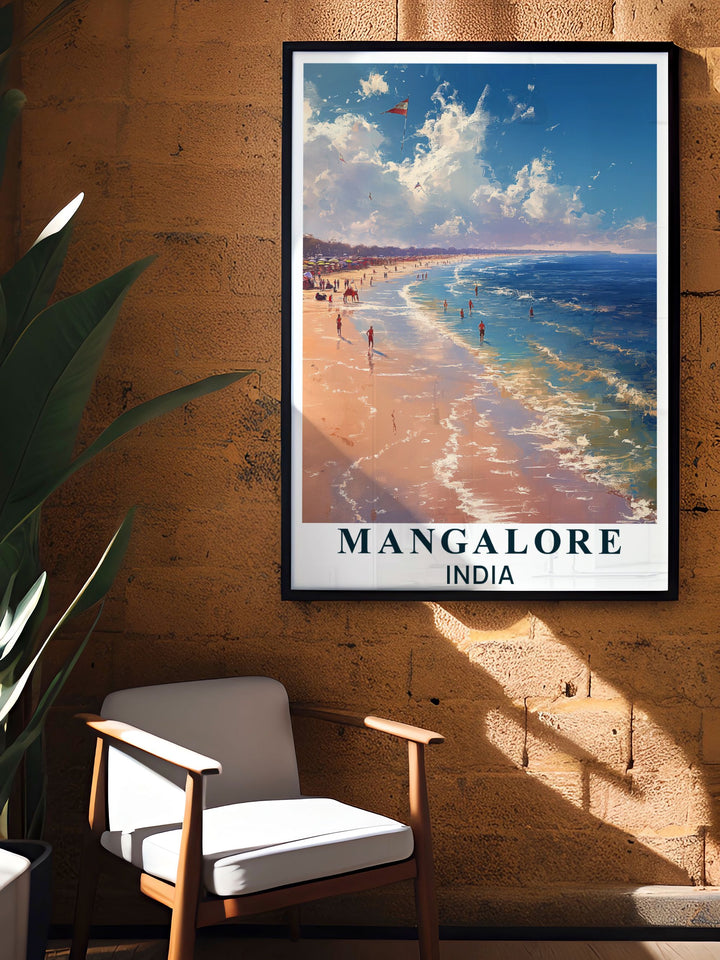 The bustling city of Mangalore and the tranquil shores of Panambur Beach are beautifully illustrated in this travel poster, capturing the unique blend of urban energy and serene natural beauty that defines this coastal region of India.