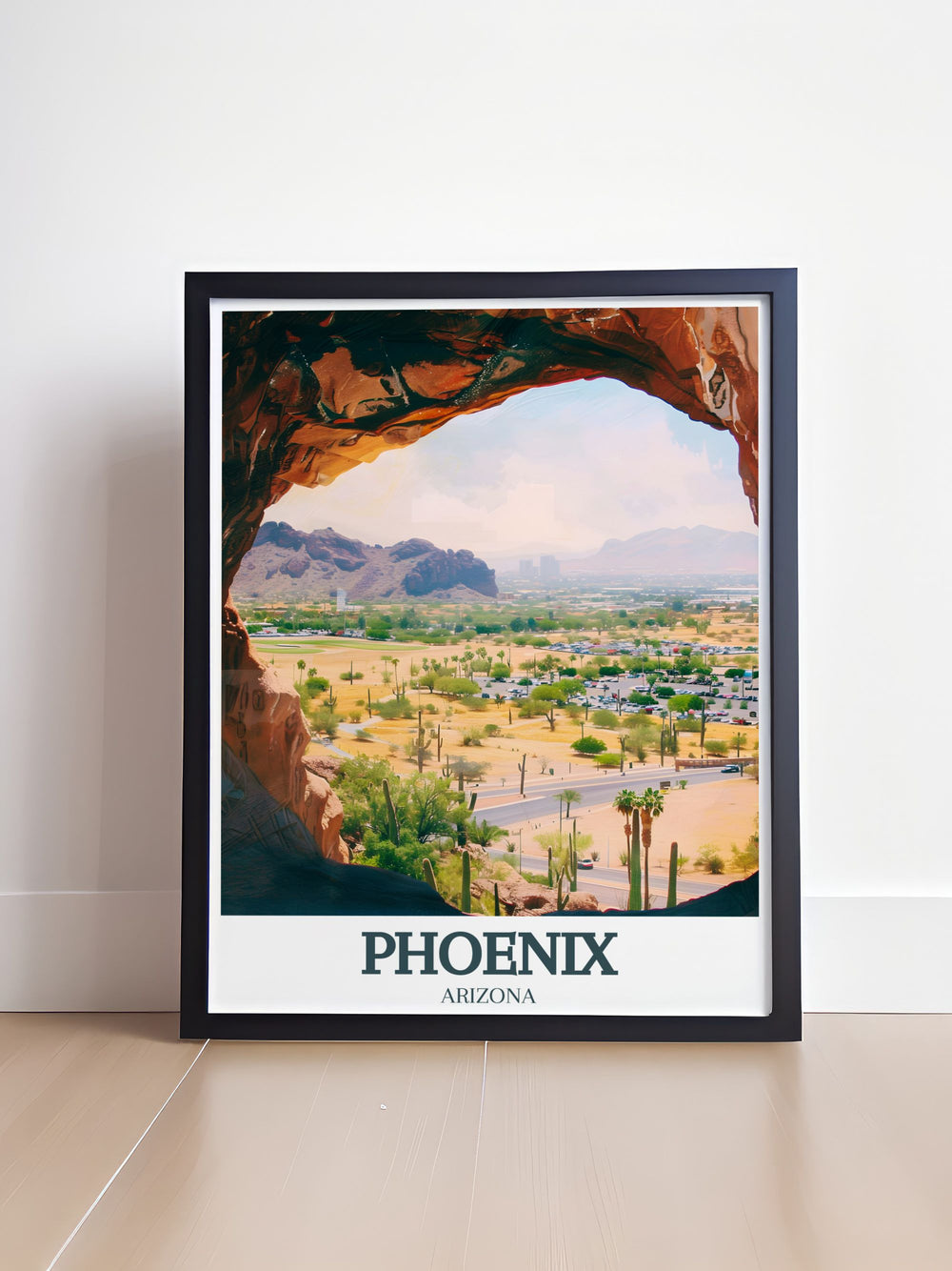 Phoenix Poster Print showcasing the stunning view of Papago Parks Hole in the Rock, with its distinctive shape and rich desert colors. This travel print brings the beauty of Arizonas natural wonders into your home decor.