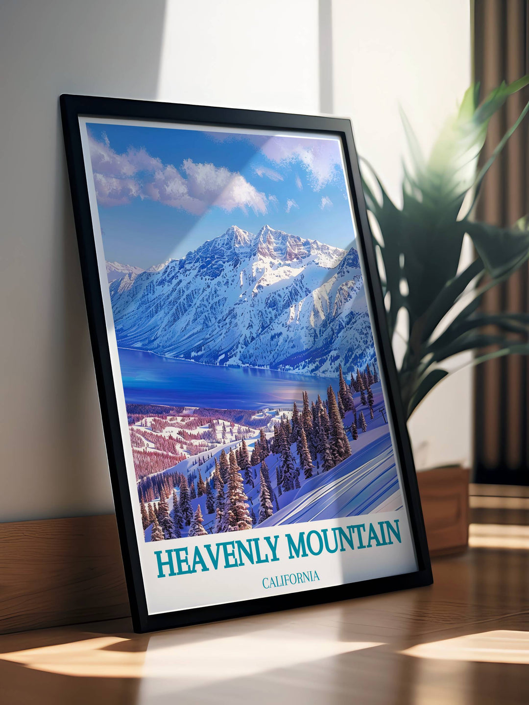 Vibrant depiction of Heavenly Ski Resort with its snow covered mountains and skiers gliding across the slopes. This artwork captures the exhilarating experience of winter sports and the stunning natural beauty of the resort. Ideal for decorating homes or offices with a love for skiing and snowy adventures.