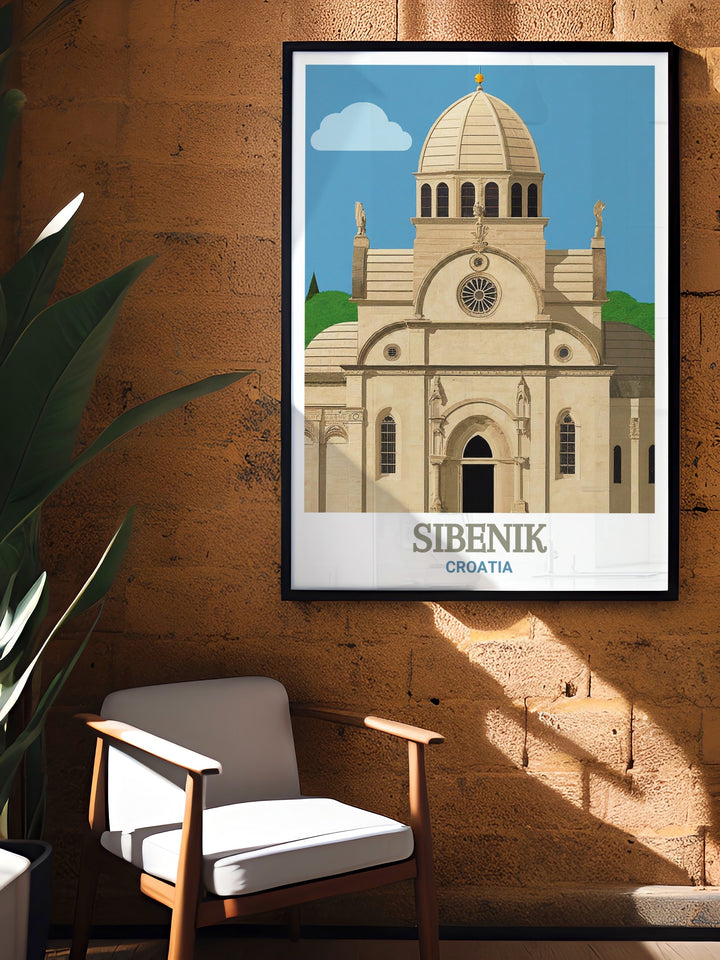 Wall poster of Sibenik, Croatia, showcasing the vibrant and intricate design of St. James Cathedral, set against the backdrop of the Adriatic coast. The print serves as a constant reminder of the beauty and history that Croatia has to offer, making it a perfect addition to any home.