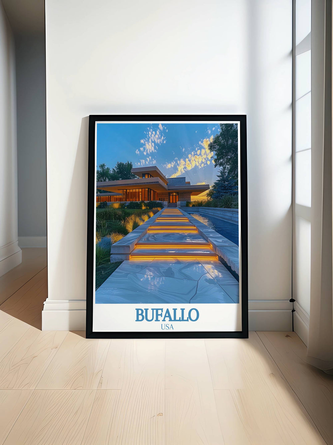 Travel poster print featuring Buffalo skyline and Frank Lloyd Wrights Darwin D Martin House perfect for home decor or as a personalized gift highlighting the citys rich history and architectural beauty