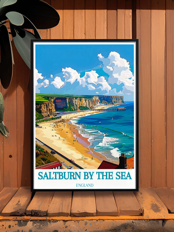 Stunning Saltburn Beach artwork highlighting the charm of Saltburn by the Sea with views of Saltburn Pier Saltburn Cliff Lift and Hartlepool ideal for bucket list prints and gifts for those who love the British seaside