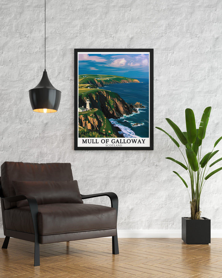 Mull of Galloway Poster Print captures the stunning views from Scotlands southernmost point, where rugged cliffs meet the expansive Irish Sea. This artwork is perfect for those who appreciate the raw beauty of Scotlands coastlines and the adventure they inspire.