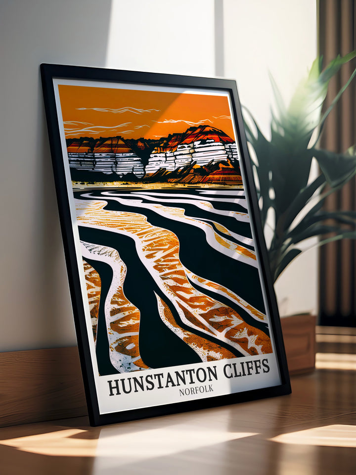 Hunstanton Cliffs travel poster offering a breathtaking view of the famous red and white cliffs of Hunstanton. This print brings the beauty of Englands coastline into your home, perfect for adding a touch of seaside charm and adventure to your décor.