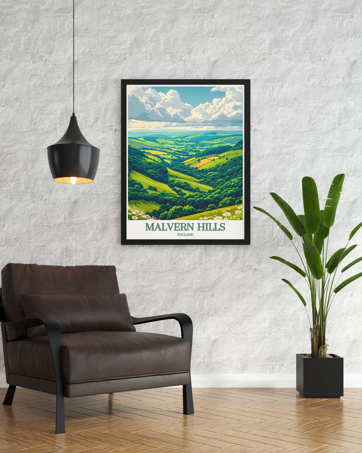 Elevate your decor with this Great Malvern Priory artwork featuring stunning views of the Malvern Hills and Severn Valley ideal for those who appreciate British countryside art and vintage travel prints bringing a touch of historical charm into your home