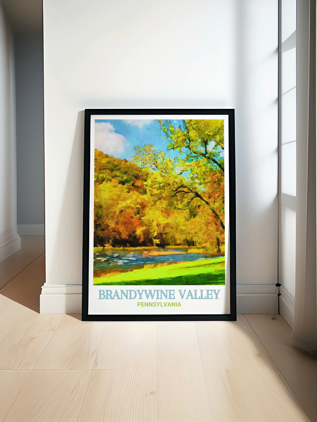 This travel poster of Brandywine Valley and Brandywine Creek State Park highlights Pennsylvanias lush landscapes and serene natural settings, making it a perfect addition for art lovers who appreciate the beauty of the great outdoors.