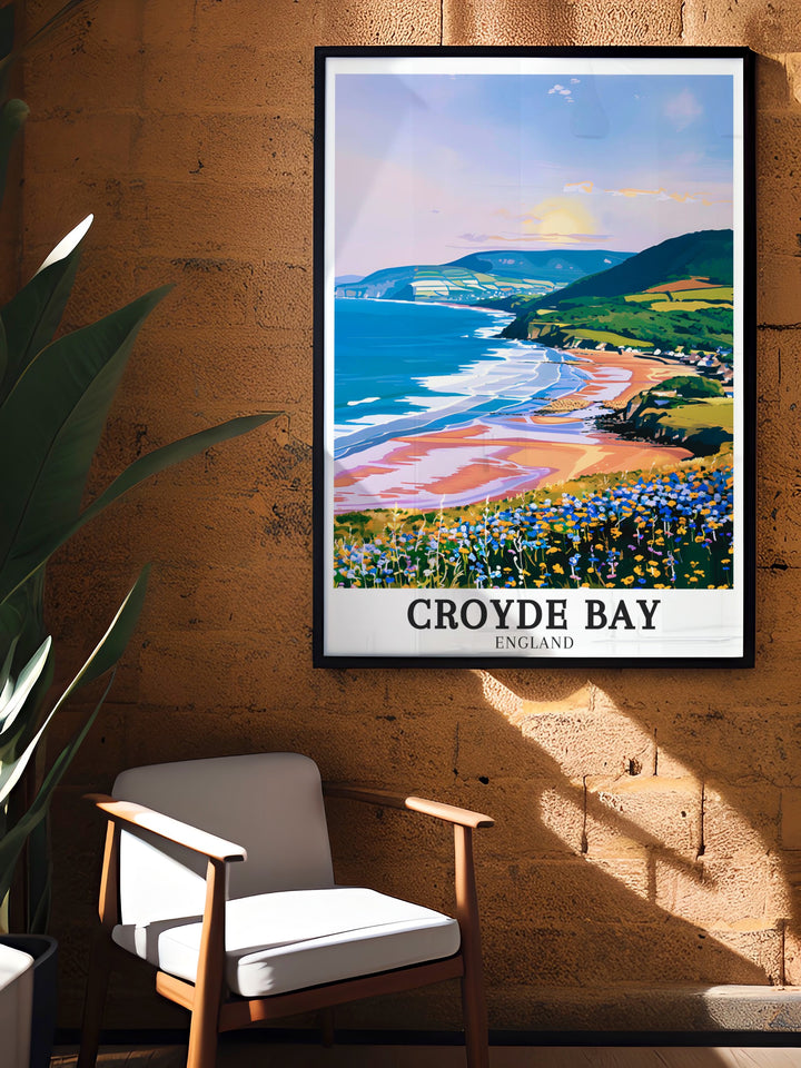 This wall poster of Croyde Bay showcases the beachs natural beauty and the iconic Baggy Point in the background. Perfect for beachgoers and travelers, this print adds a touch of coastal charm to any home or office decor.