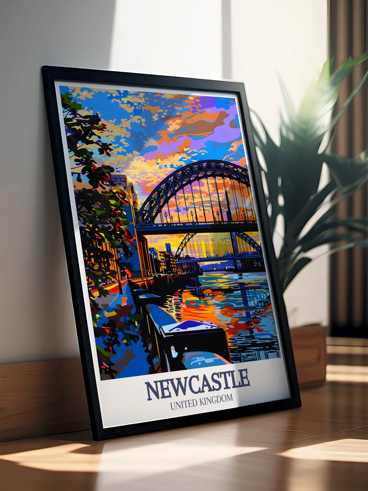 This Newcastle travel print beautifully highlights the Tyne Bridge and Quayside District in a stunning canvas art format. The framed art captures these beloved landmarks with intricate detail, making it a perfect vintage poster for art lovers and collectors alike.