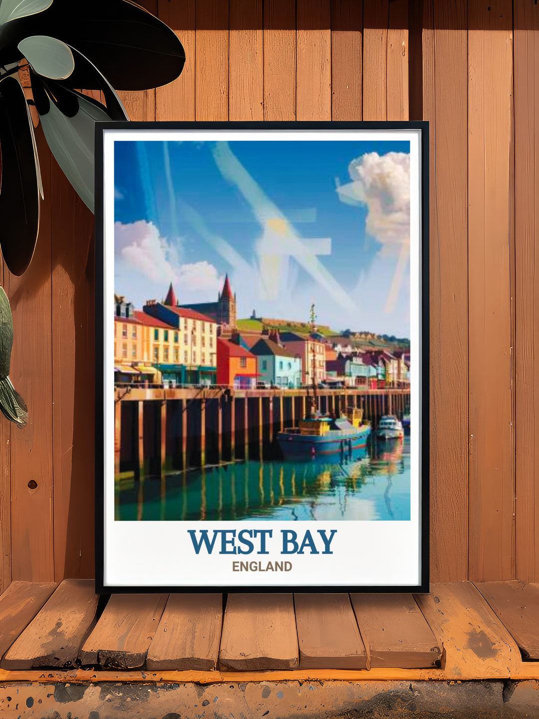 Travel poster of West Bay Harbour, showcasing the colorful boats and expansive cliffs of the Jurassic Coast. This detailed print adds a sense of adventure and relaxation to any space, perfect for those who love UK coastal art.