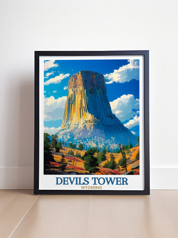 Stunning Devils Tower National Monument artwork showcases the rugged beauty of Wyoming landmarks. This Devils Tower art print makes an elegant addition to any living room bedroom or office offering a timeless piece of natural scenery for your walls.