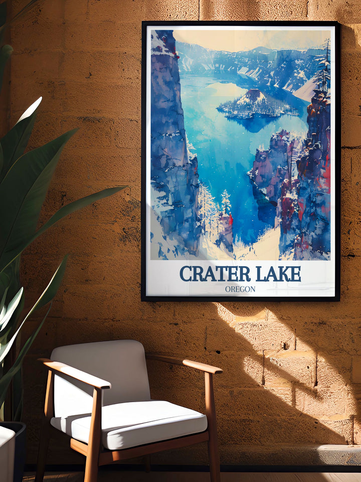 Illustrated with a vintage style, this travel print brings the majestic landscapes of Crater Lake and Mount Scott to life, ideal for enhancing any room with the beauty of Crater Lake National Park.