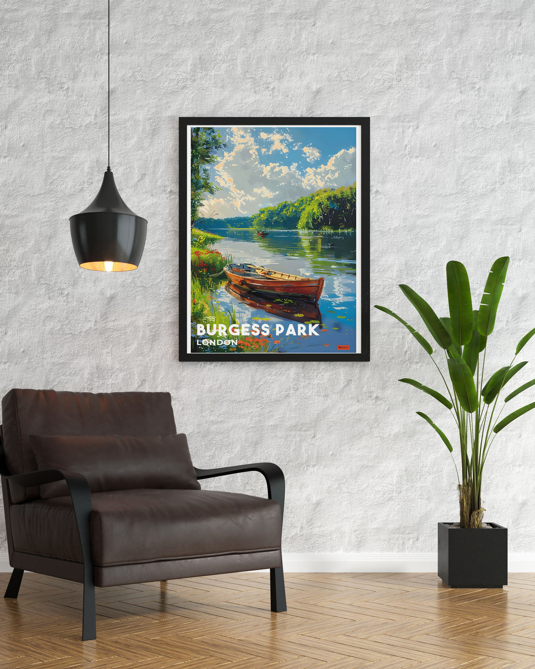 Vintage inspired poster of Burgess Park in London, highlighting the serene lake and green spaces that offer a peaceful retreat within the city. This artwork blends nostalgic charm with contemporary design, ideal for enhancing any rooms decor.