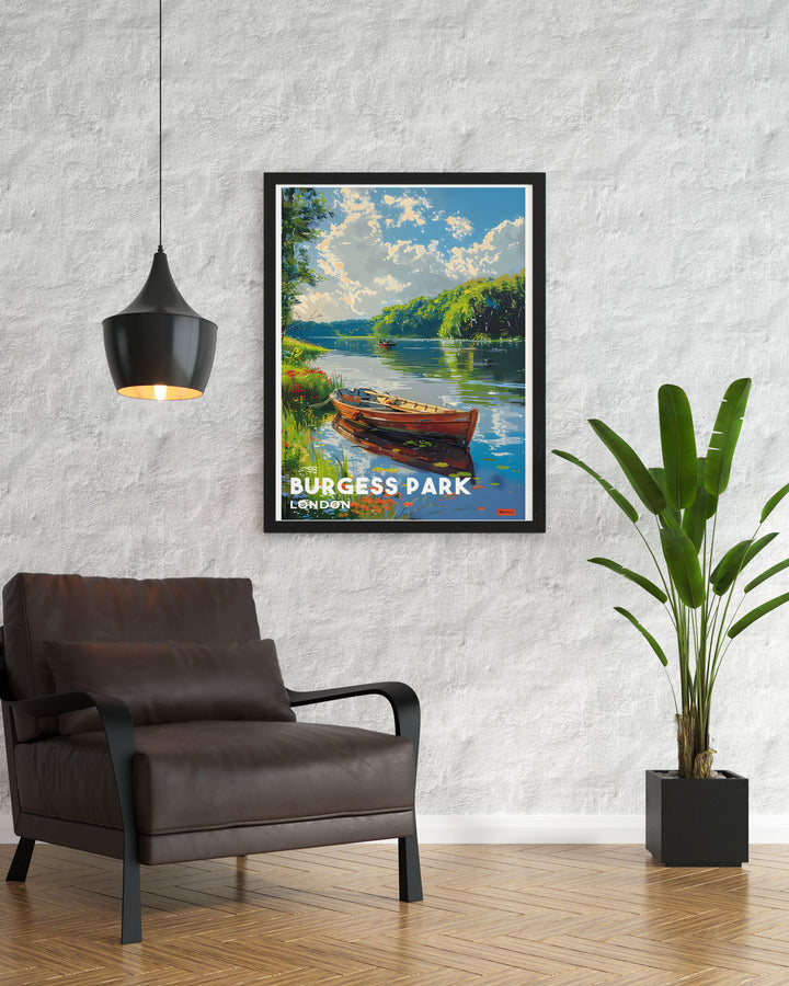 Vintage inspired poster of Burgess Park in London, highlighting the serene lake and green spaces that offer a peaceful retreat within the city. This artwork blends nostalgic charm with contemporary design, ideal for enhancing any rooms decor.