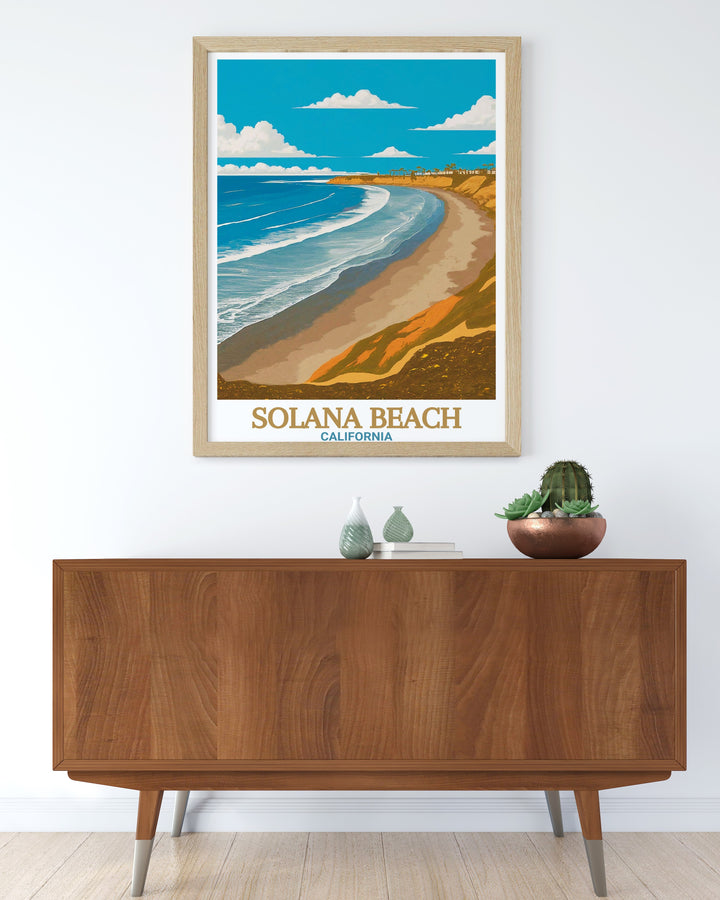 This California beach art print highlights Solana Beach and Fletcher Cove, showcasing the breathtaking natural beauty of Southern California. Ideal for those who appreciate coastal landscapes, this poster is a wonderful way to bring the peaceful vibe of the beach into your home.