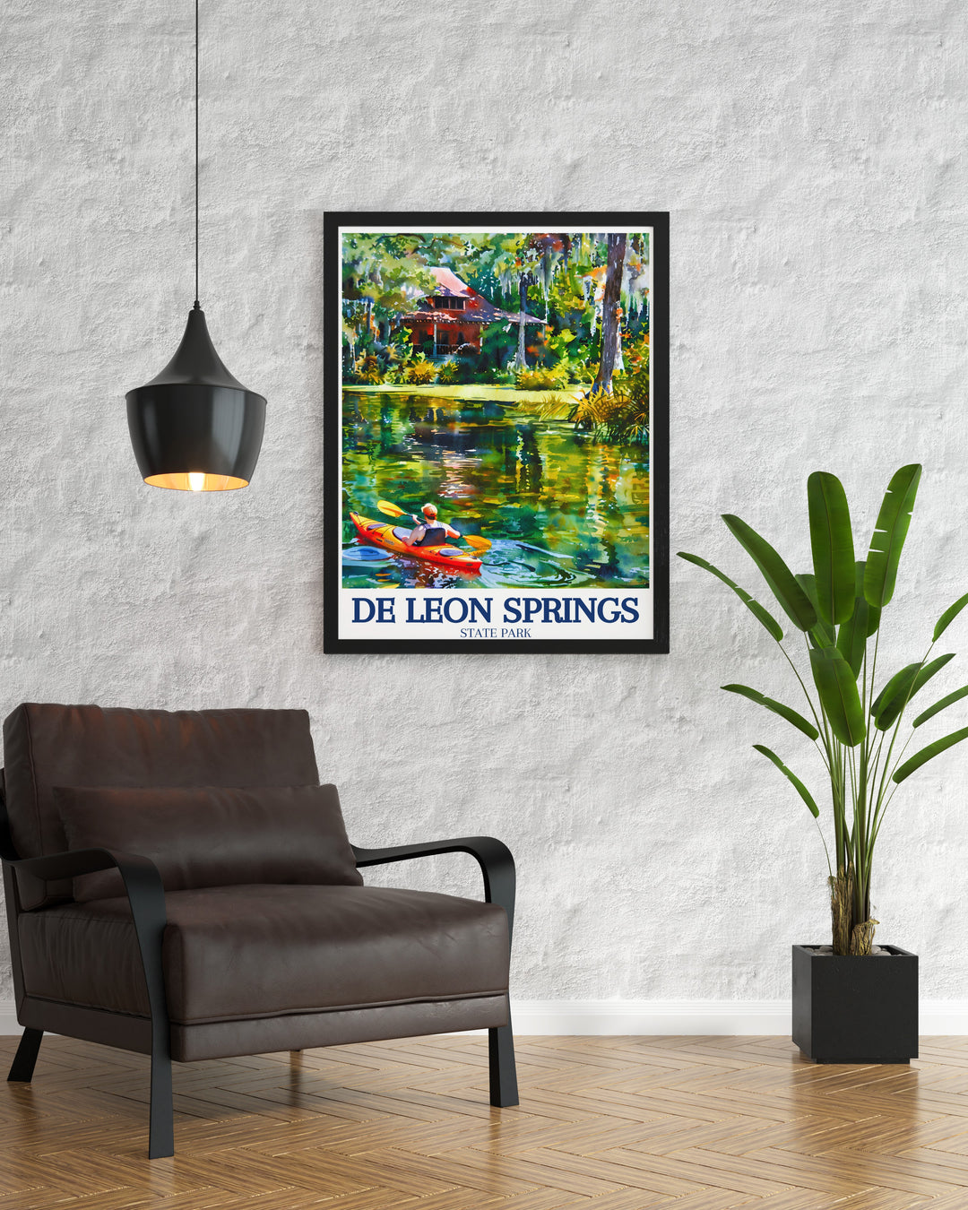 De Leon Springs Vintage Poster reflecting the timeless appeal of De Leon Springs State Park and the surrounding natural scenery in a classic, vintage style design. This poster is perfect for those who love traditional travel art and want to celebrate Floridas unique landscapes in their home decor.