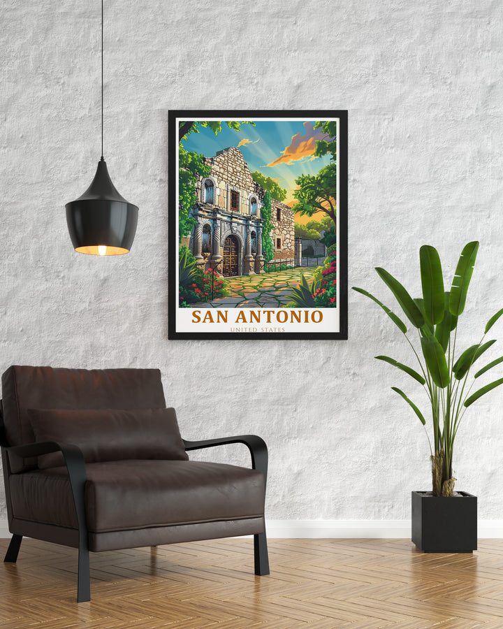 Our San Antonio poster print features a vibrant image of the Alamo, bringing Texas history to life. This travel print is ideal for history enthusiasts or those who want to add a touch of heritage to their home decor.