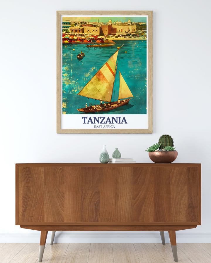 Our travel poster print of Old Town in Zanzibar beautifully showcases its intricate architecture and historical significance. The artwork brings to life the winding alleys and cultural fusion that define this UNESCO World Heritage site, making it a wonderful gift for history lovers.