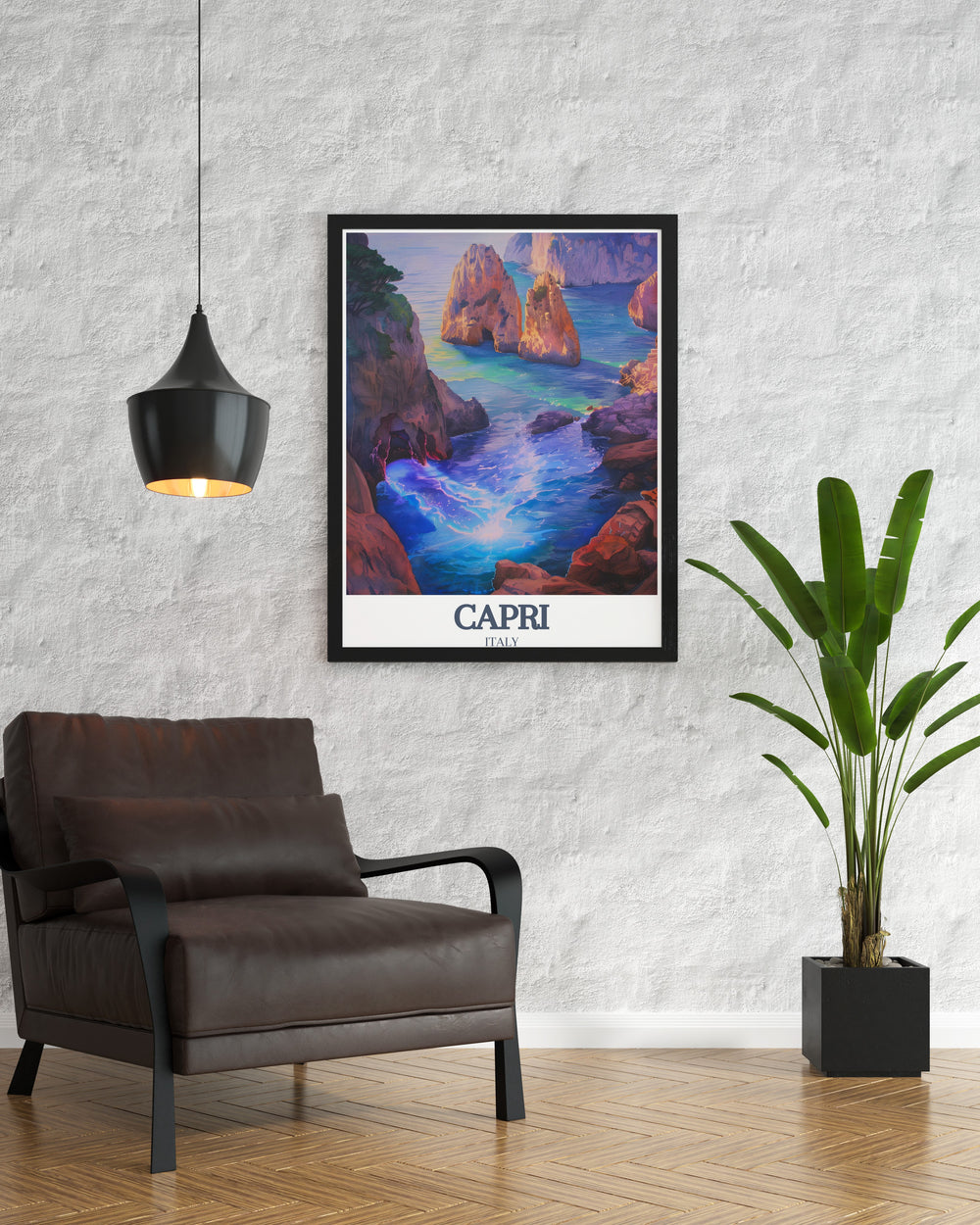 Beautiful Capri Travel Print featuring the Faraglioni Rocks Blue Grotto and botanical garden scenes This elegant artwork adds a Mediterranean vibe to any room offering a fresh and sophisticated look