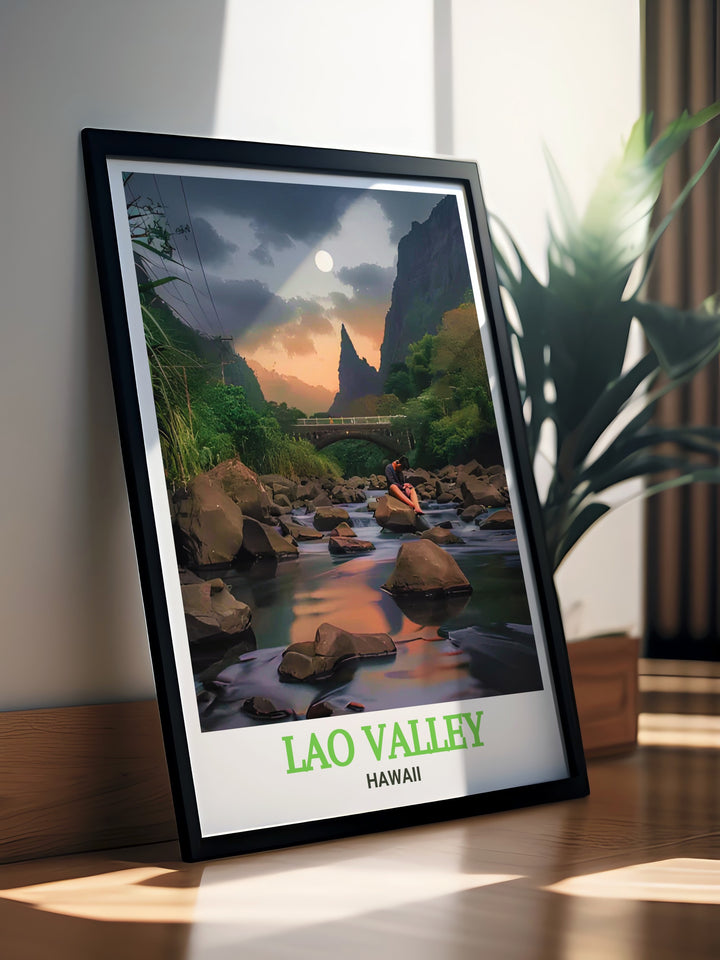 Celebrate the tranquility of Hawaiian nature with this Lao Valley travel print. The artwork showcases the peaceful ambiance of the valley and the stream, offering a serene view for your home decor.