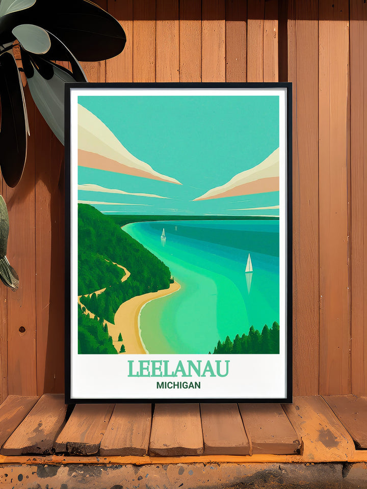 Leelanau State Park Framed Art presenting a detailed view of Michigans Leelanau State Park, with its lush forests and stunning lake views. This framed art adds a sophisticated and rustic touch to any room, perfect for celebrating Michigans natural heritage.