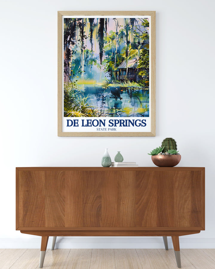 De Leon Springs Vintage Poster reflecting the timeless appeal of De Leon Springs State Park and the surrounding natural scenery in a classic, vintage style design. This poster is perfect for those who love traditional travel art and want to celebrate Floridas unique landscapes in their home decor.