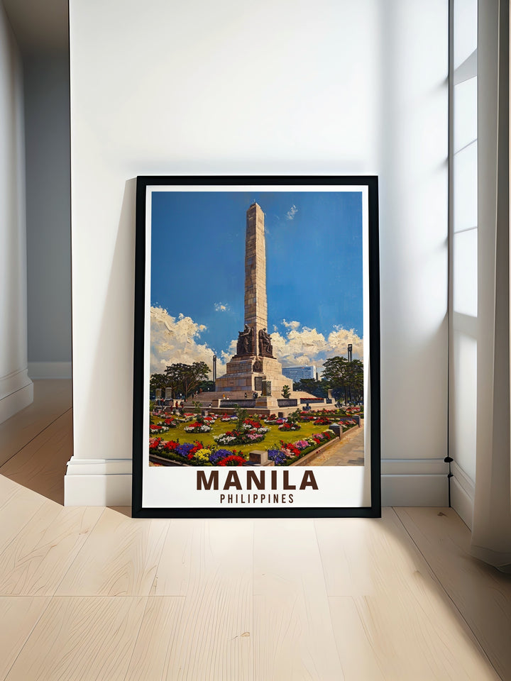 Our Manila Travel Print highlights the stunning Rizal Monument, set against the vibrant backdrop of the city. This poster is perfect for anyone who loves Manila and wants to bring a piece of its history and beauty into their home.