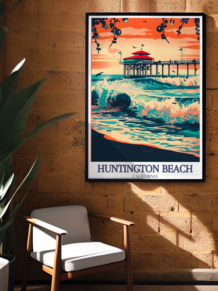 Experience the scenic beauty of Huntington Beach with this poster print featuring the iconic Huntington Beach Pier. The artwork showcases the vast Pacific Ocean, making it a great addition to coastal themed decor.