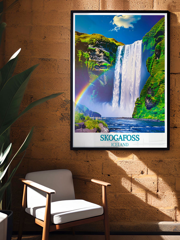 Dive into the stunning natural beauty of Skogafoss with this travel poster, illustrating the dramatic cascade and the vibrant rainbow in its mist.
