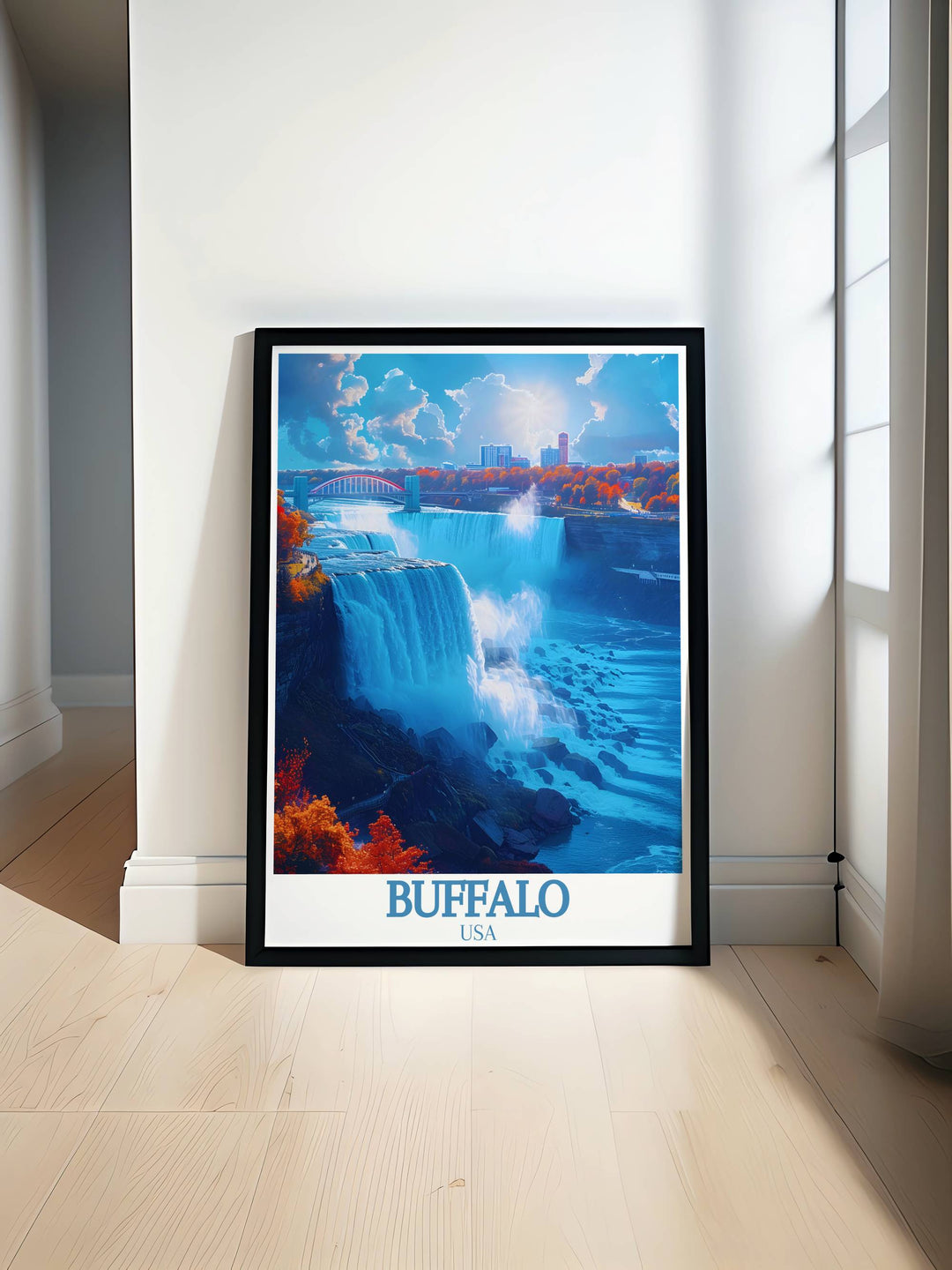 Buffalo skyline travel poster print featuring Niangara Falls showcasing the vibrant cityscape and iconic landmarks perfect for home decor and personalized gifts ideal for adding a touch of Buffalo charm to any space