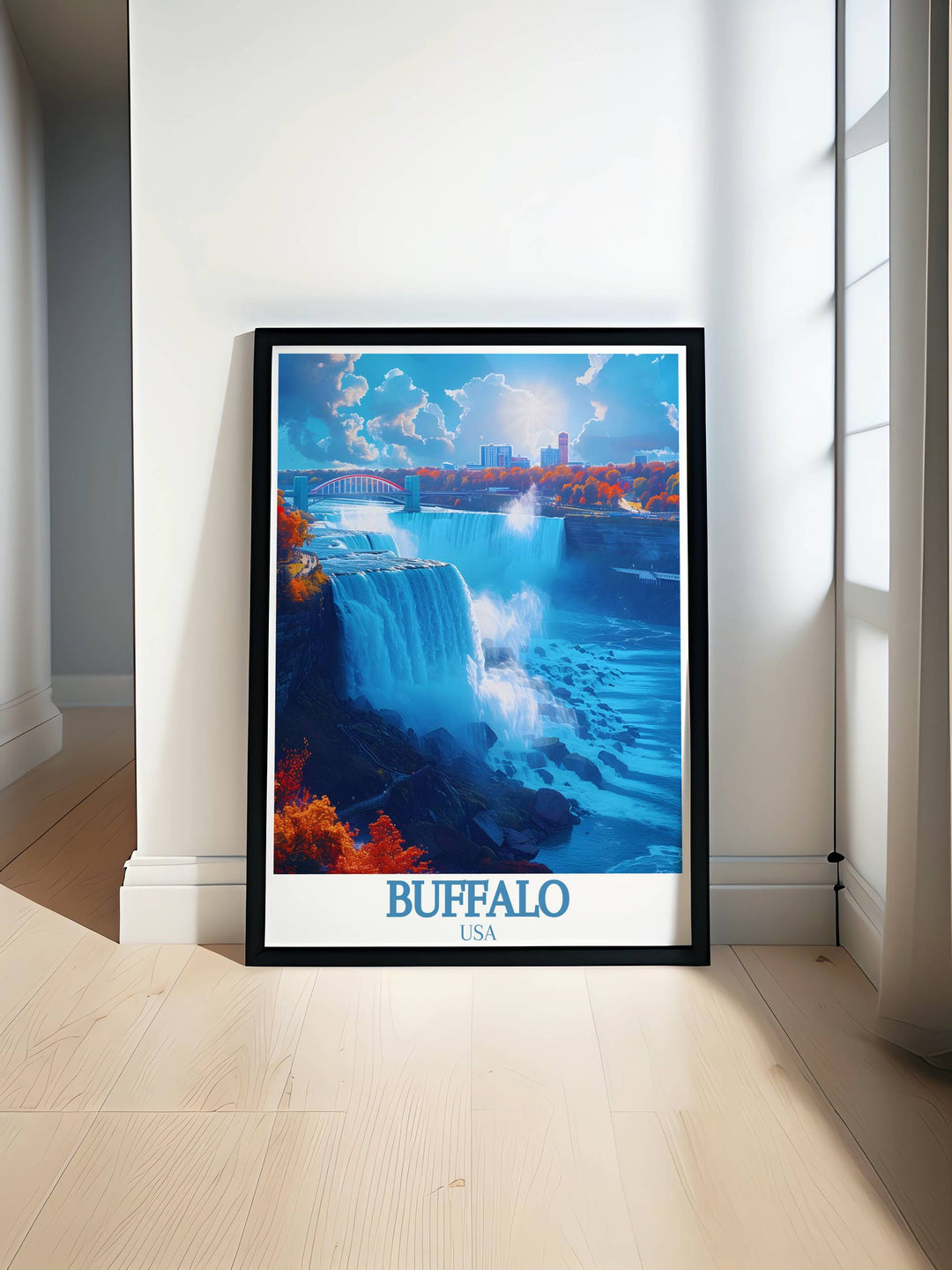 Buffalo Bills poster featuring Highmark Stadium and Niangara Falls perfect for vintage decor and personalized gifts for NFL fans in New York