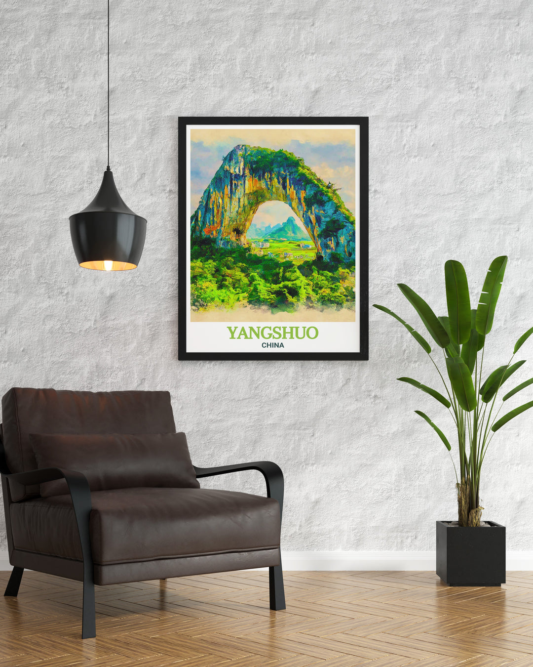 A framed art print of Moon Hill, one of Yangshuos most iconic natural formations. This print captures the scenic beauty of the limestone arch, making it a must have for anyone who appreciates Chinese landscapes and travel inspired decor.