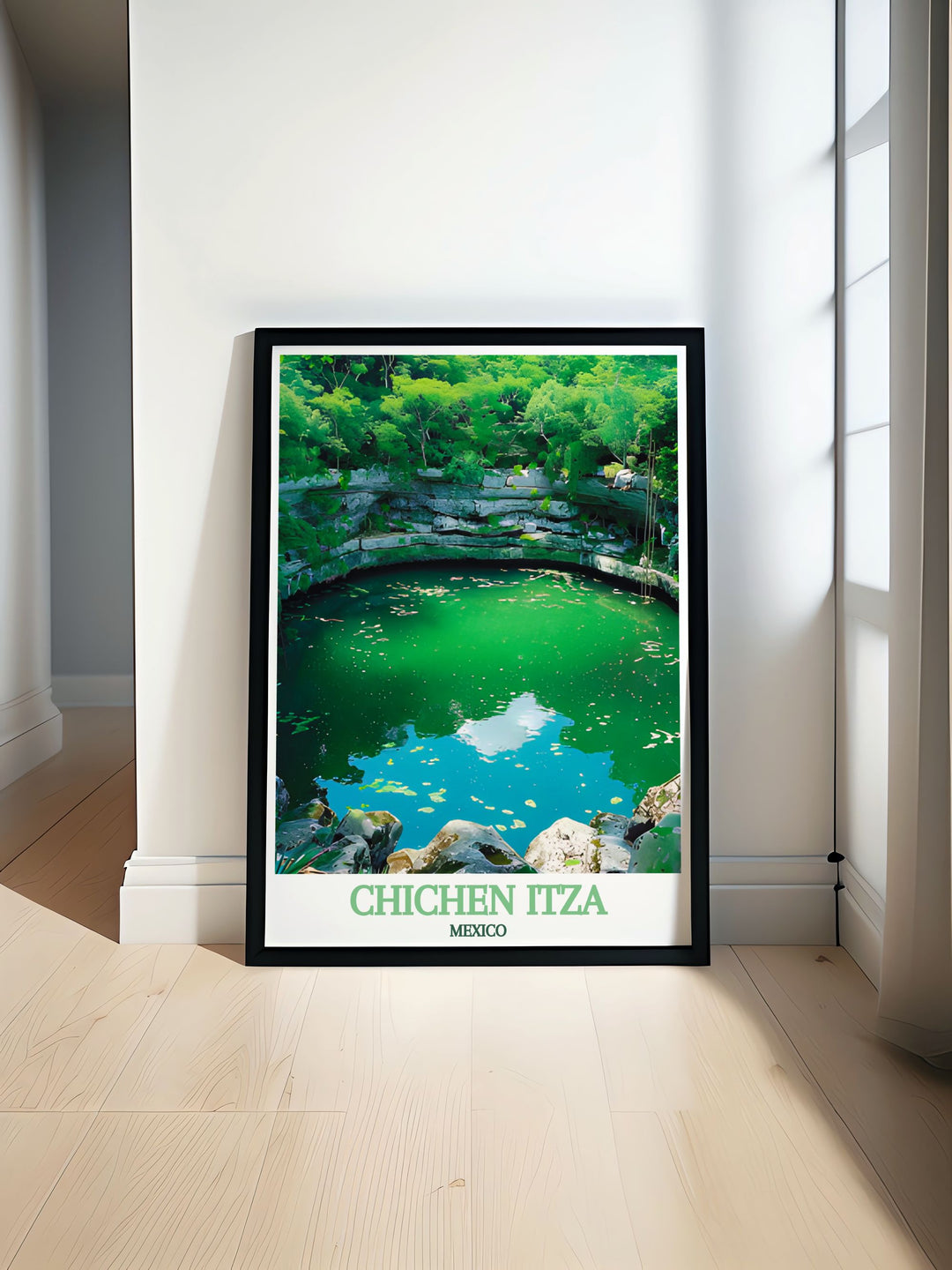 Experience the magic of Mexico with this stunning travel poster. Highlighting the natural beauty and historical importance of Chichen Itza and the Sacred Cenote, this poster is ideal for those who love ancient wonders and cultural heritage. Add a touch of Mexicos allure to your home decor.