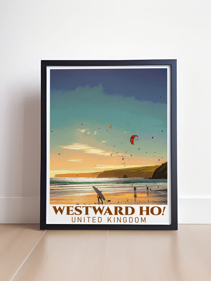 Transform your home with Golden Sands Beach coastal art featuring modern prints of Devons golden sands perfect for seaside wall art and home living decor these elegant prints make a thoughtful travel poster gift for beach enthusiasts