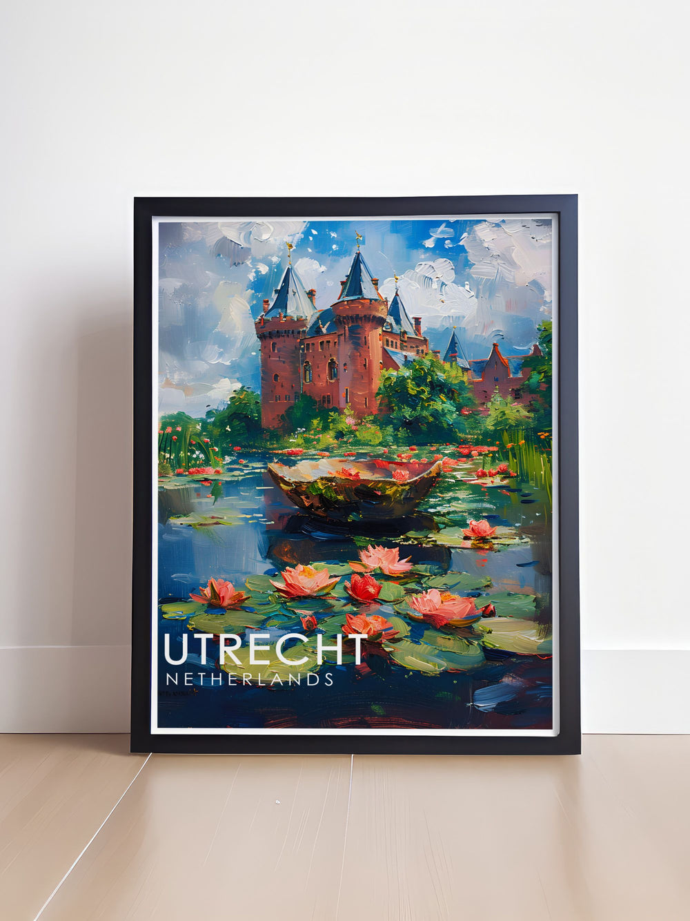 A stunning Utrecht poster print showcasing De Haar Castle, with its intricate towers and lush surroundings. This Netherlands art print offers a unique look into the beauty of one of the most iconic landmarks in Dutch history.