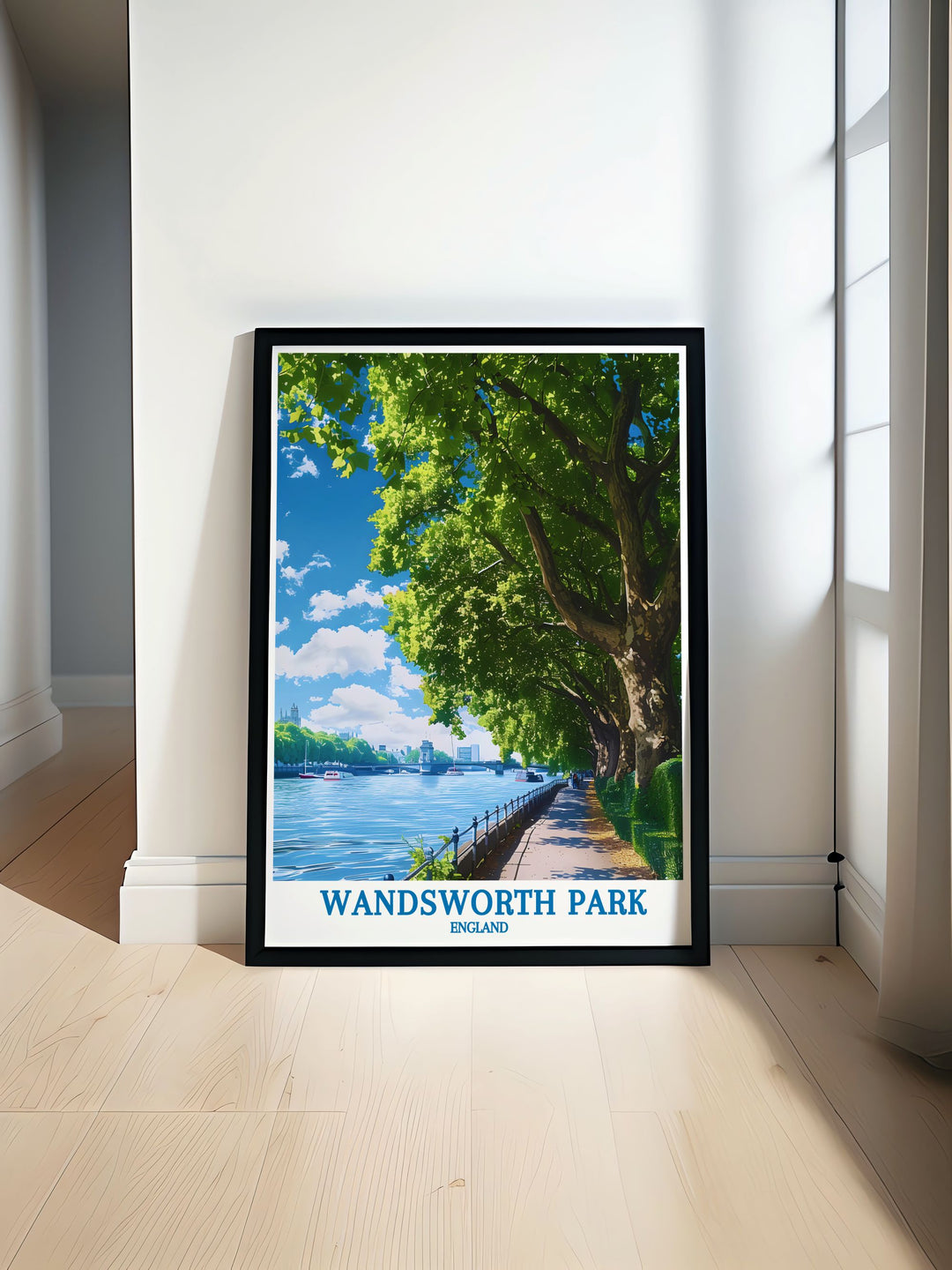 The riverside walk in Wandsworth Park is showcased in this stunning print, highlighting the parks peaceful ambiance and historical significance. Perfect for nature lovers and history enthusiasts, this artwork captures the essence of one of Londons most beloved parks, making it a timeless addition to any art collection or home decor.