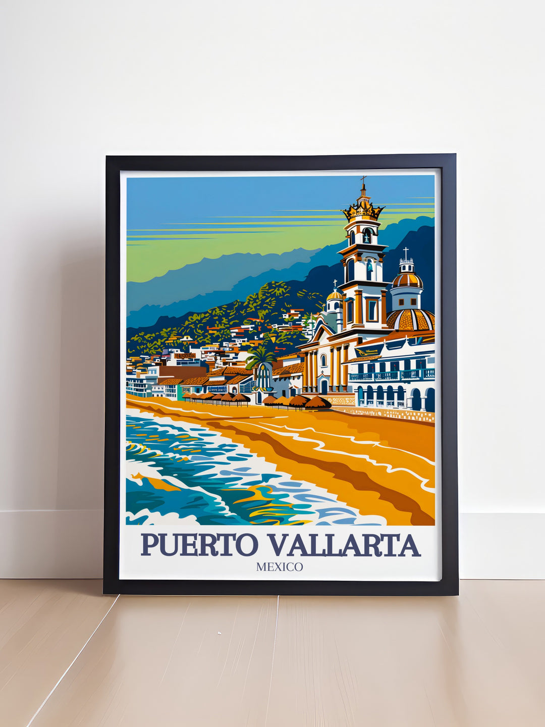 Travel Poster Print of Puebla offering a vivid depiction of bustling streets and iconic landmarks complemented by Puerto Vallarta beach Our Lady of Guadalupe Church perfect wall decor for any setting