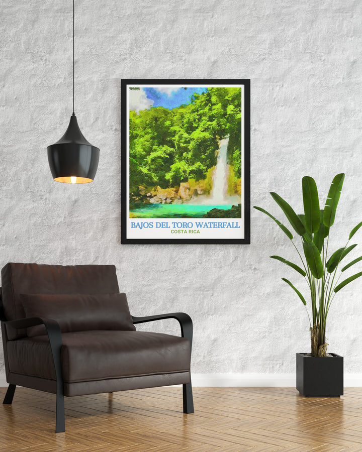 This Bajos del Toro print brings the beauty of Costa Ricas rainforest into your home. The waterfall is depicted in stunning detail, with the surrounding greenery adding a touch of natural elegance to any room.