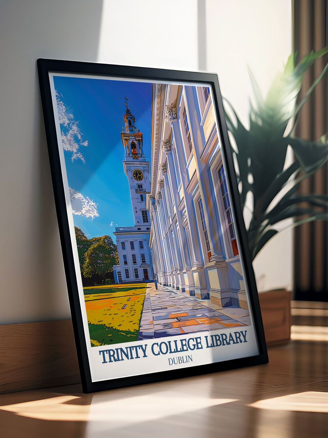 Captivating Dublin travel print showcasing the historic Trinity Library and the majestic Campanile bell tower perfect for university lovers