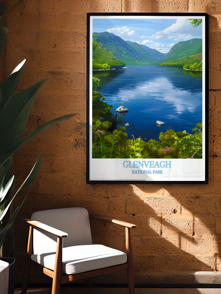 Vintage travel poster of Glenveagh National Park, featuring its iconic landscapes and peaceful atmosphere, perfect for adding a nostalgic touch to your home decor.