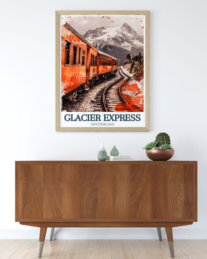 Add a touch of adventure to your walls with our Glacier Express train Matterhorn print featuring the iconic Swiss Alps train and the picturesque Matterhorn