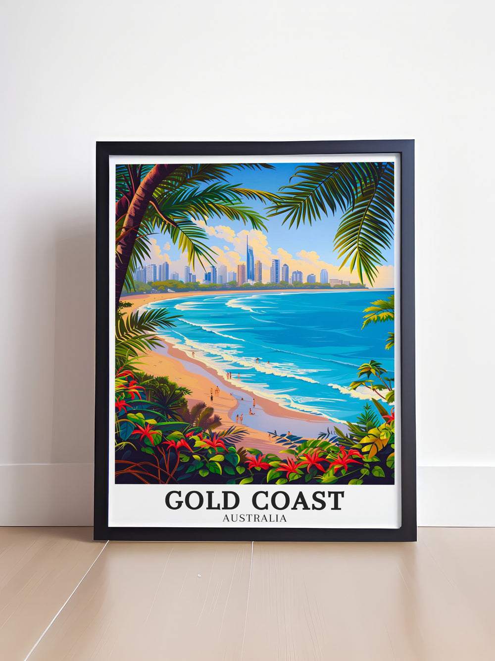 This Gold Coast travel print showcases the natural beauty and modern skyline of one of Australias most famous beach destinations. Ideal for travelers and coastal enthusiasts, this artwork reflects the essence of the beach lifestyle and the vibrant energy of Queenslands Gold Coast. Perfect for any room seeking a coastal touch.