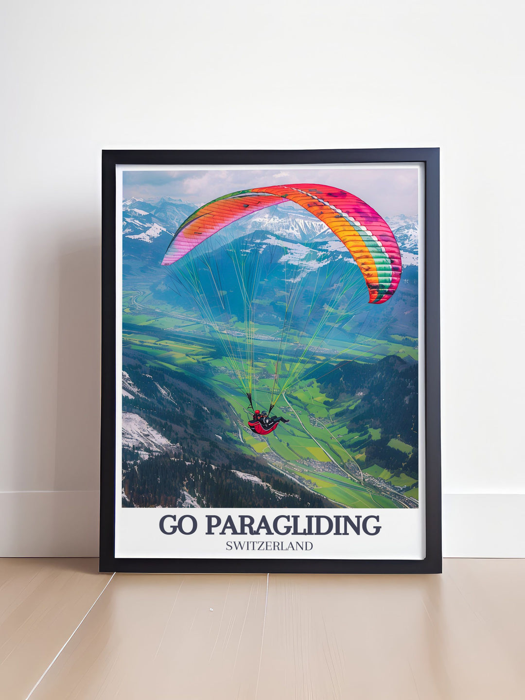 Travel poster featuring a paraglider navigating the crisp alpine air above Jungfrau, with the vast expanse of the Swiss Alps creating a dramatic backdrop.