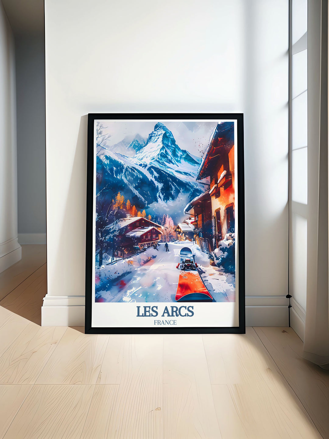 Snowboarding Poster featuring vibrant scenes from Paradiski ski area Les Arcs Ski resort Mont Blanc capturing the thrill of winter sports perfect for adding adventure to your home decor and snowboarding art collection
