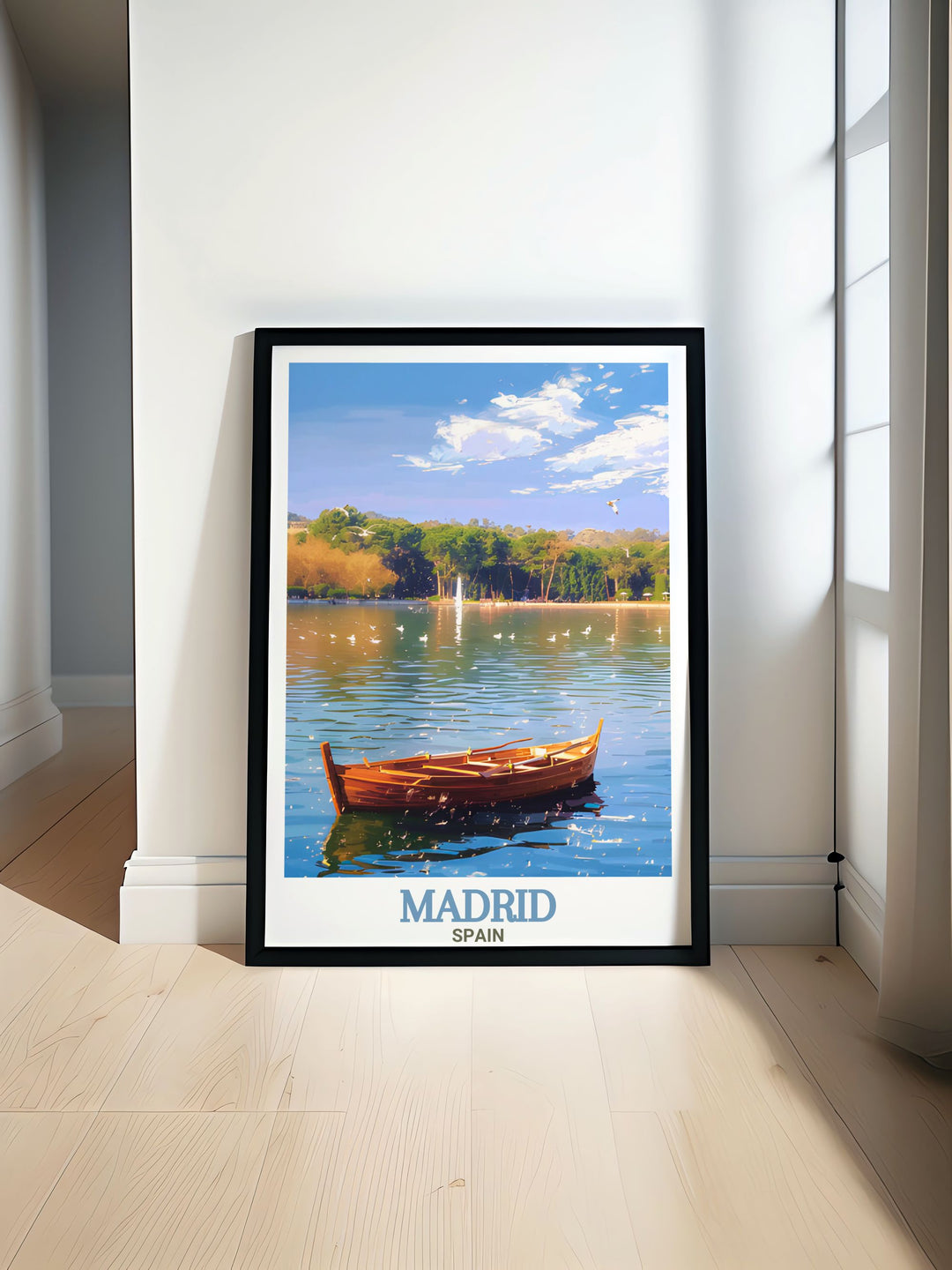 Lake at Casa de Campo minimalistic poster featuring Spains iconic landscape in modern decor perfect for travel enthusiasts and art lovers. This Madrid print adds a sleek retro touch to any home or office space making it an ideal piece for Spanish wall art lovers.