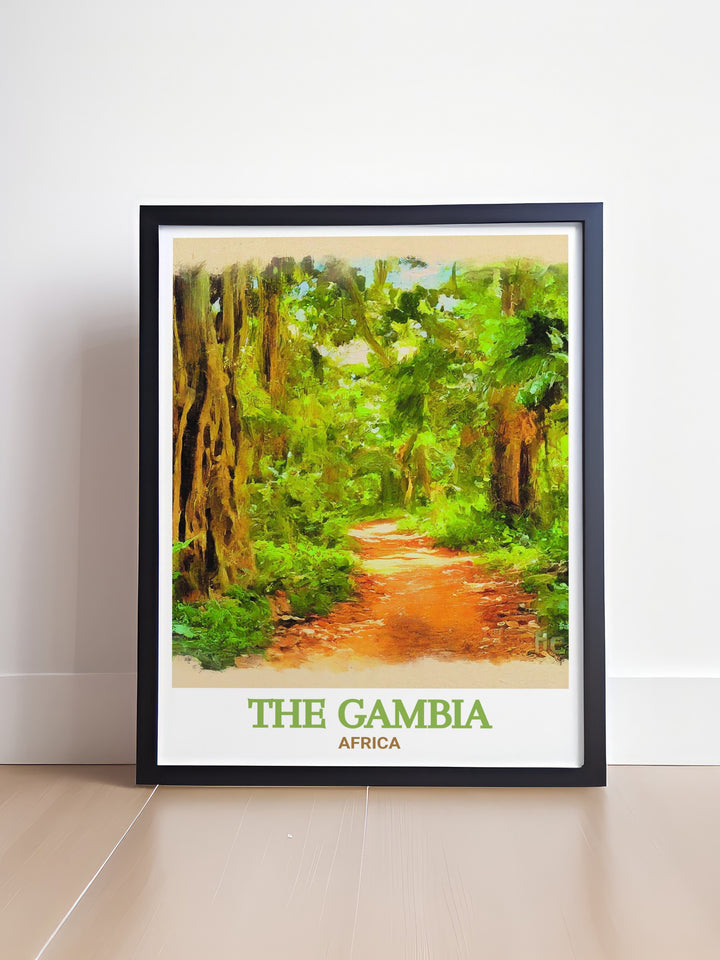 The Gambia wall art featuring Bijilo Forest Park. A fine line print that highlights the intricate details of this beloved nature reserve. Ideal for adding a touch of elegance and natural beauty to your home decor, this artwork celebrates the vibrant scenes of Bijilo Forest Park.