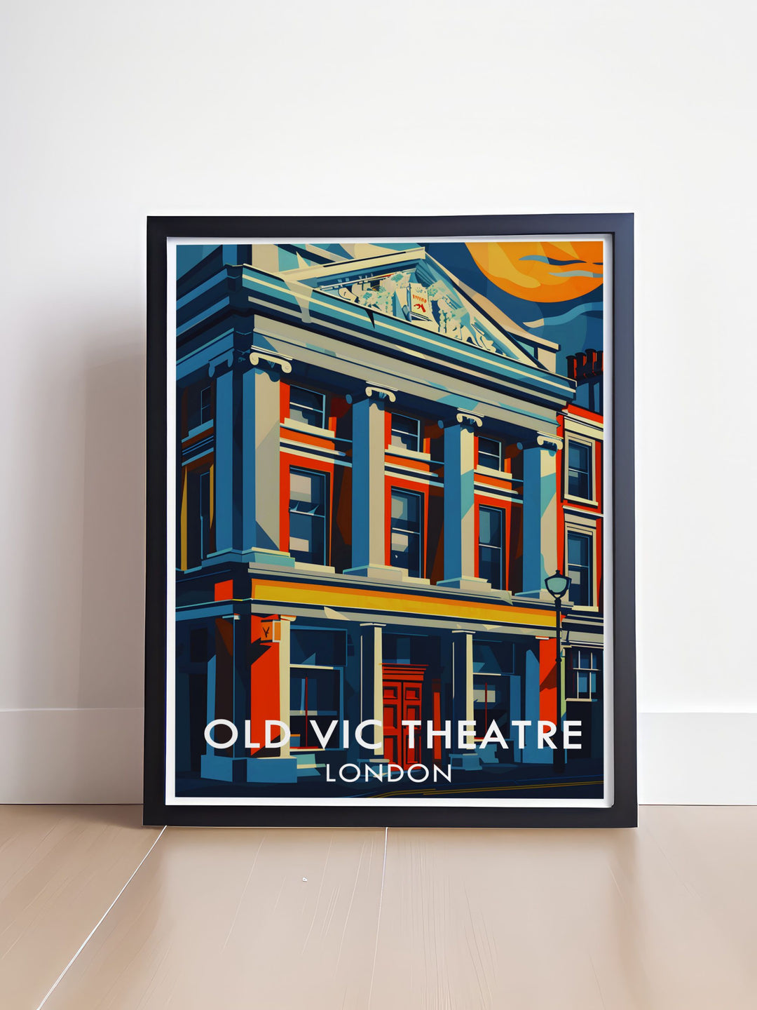 The Old Vic Theatres exterior facade comes to life in this retro art deco print. Perfect for decorating your living space or office, this London travel poster celebrates one of the West Ends most iconic theatres with a vibrant and timeless design. Great as a gift for any art lover.