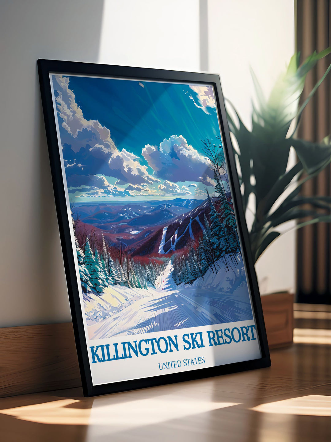 A panoramic view of Killington Peak featuring snow draped mountains and skiers gliding across the winter landscape. The image showcases the excitement of skiing and the stunning natural beauty of the peak, ideal for adding a touch of alpine adventure to any room.