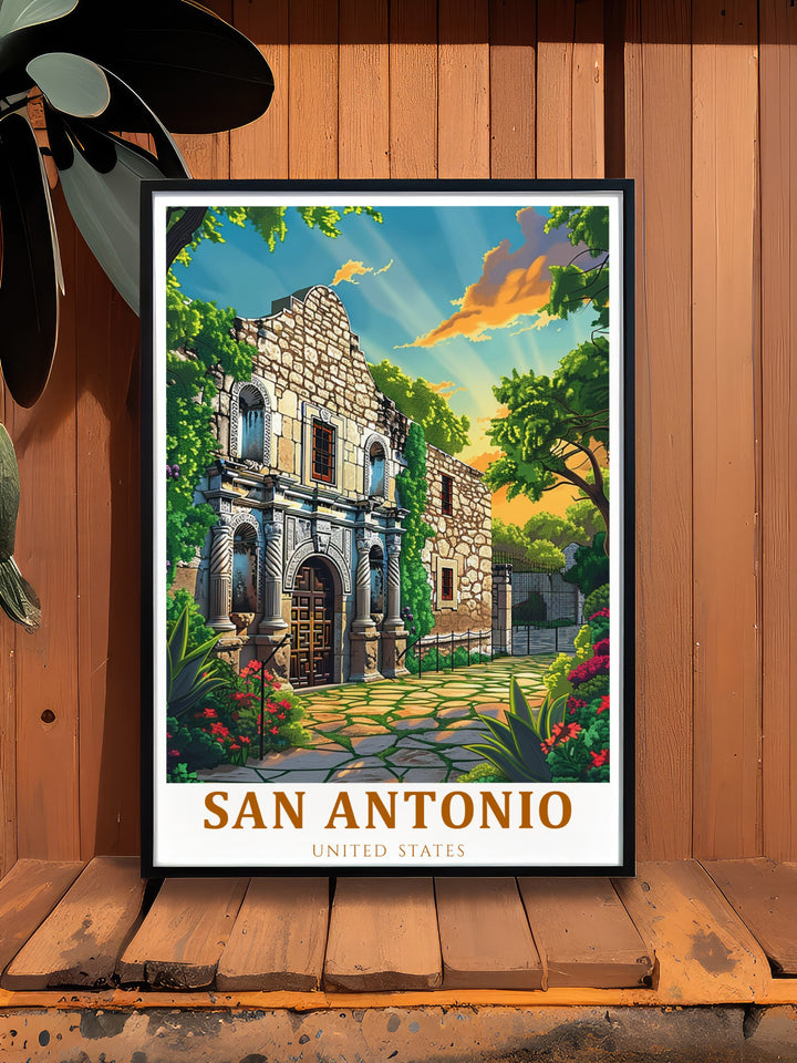 This Alamo travel print showcases San Antonios rich history, offering a beautiful depiction of the citys iconic landmark. Perfect for those with a connection to Texas or a love for American history.