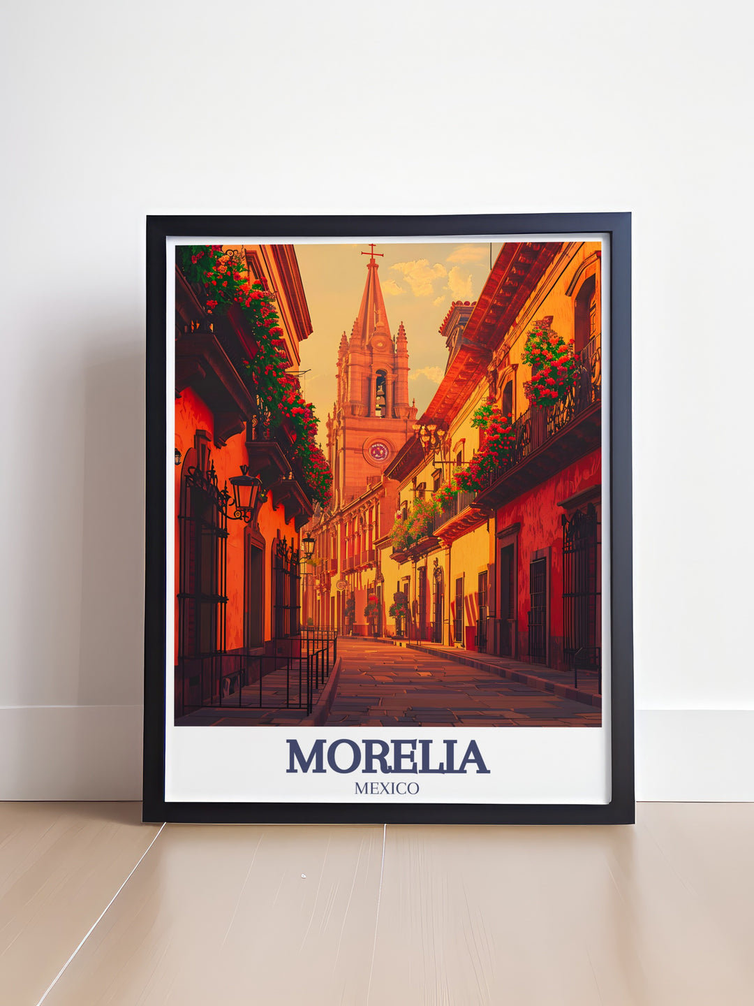 This poster features the magnificent Morelia Cathedral alongside a quaint Morelia alley, capturing the blend of historic and everyday beauty in this vibrant Mexican city. Perfect for those who appreciate both architecture and street life.