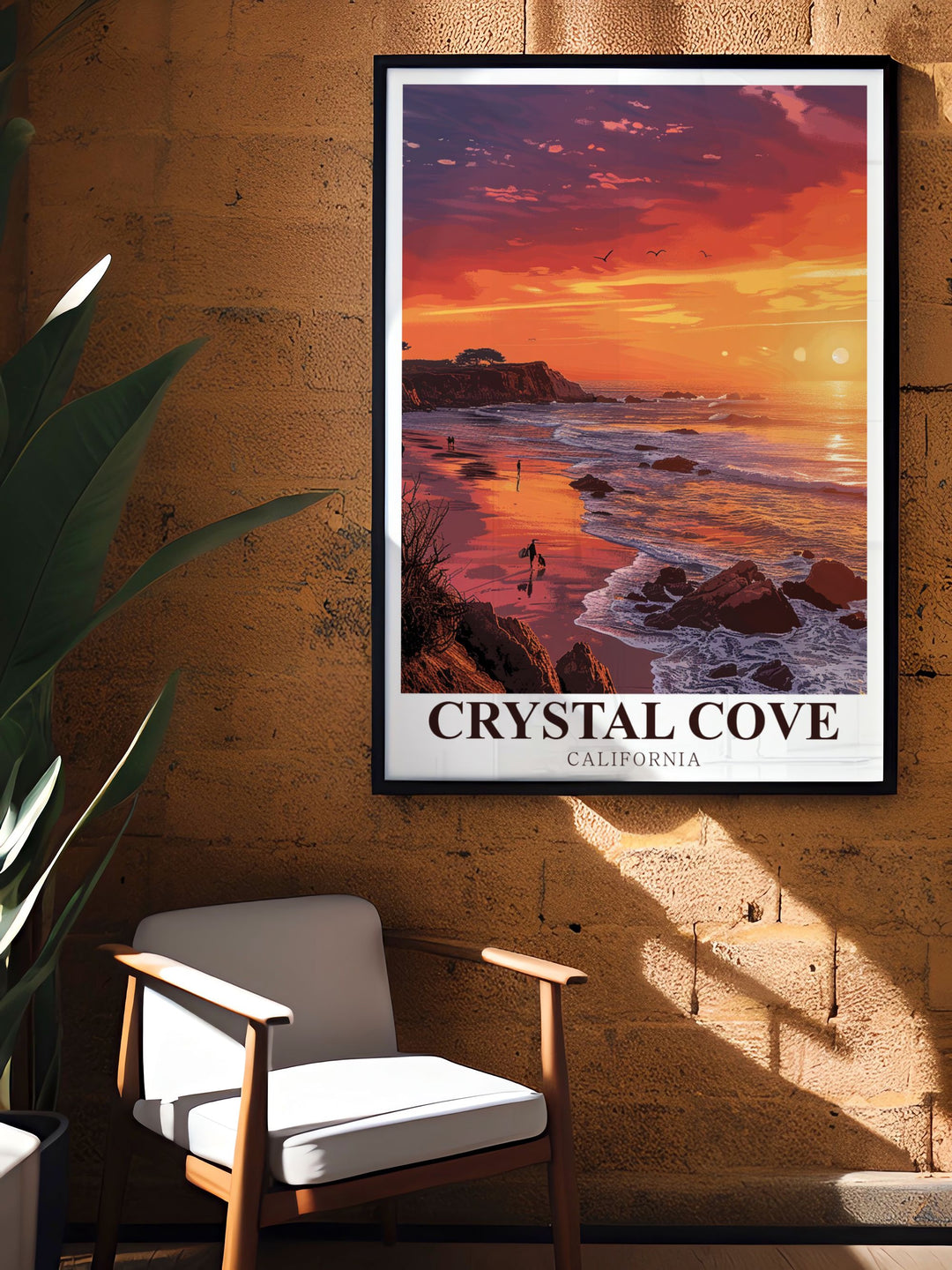 Enhance your California decor with a Crystal Cove Beach vintage print featuring the idyllic scenery and vibrant hues of the sunset along the California coast a beautiful addition to any space that brings the peaceful vibes of Crystal Cove Beach indoors.